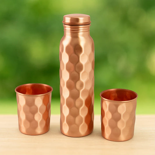 Copper Water Bottle 2 Glasses with Gift Box (3 Pcs Set)