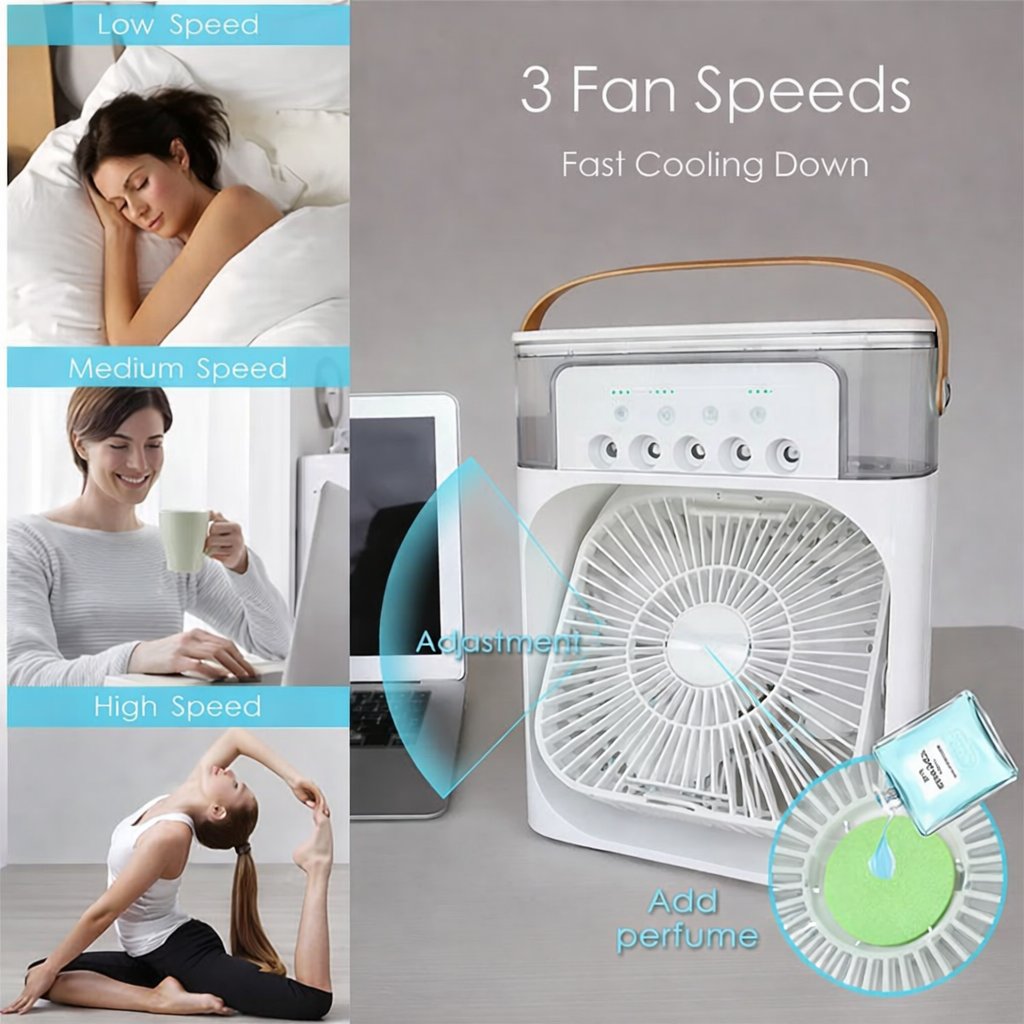 Ice-Cool Mist Portable AC Fan with 3-Speed Humidifier